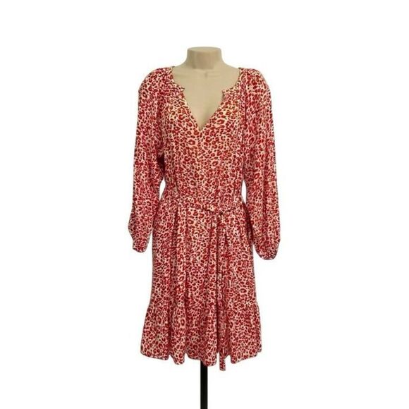 LOFT Tie-Waist Casual Dress Long Sleeve Cheetah Print Orange Cream White Women's - Picture 1 of 7